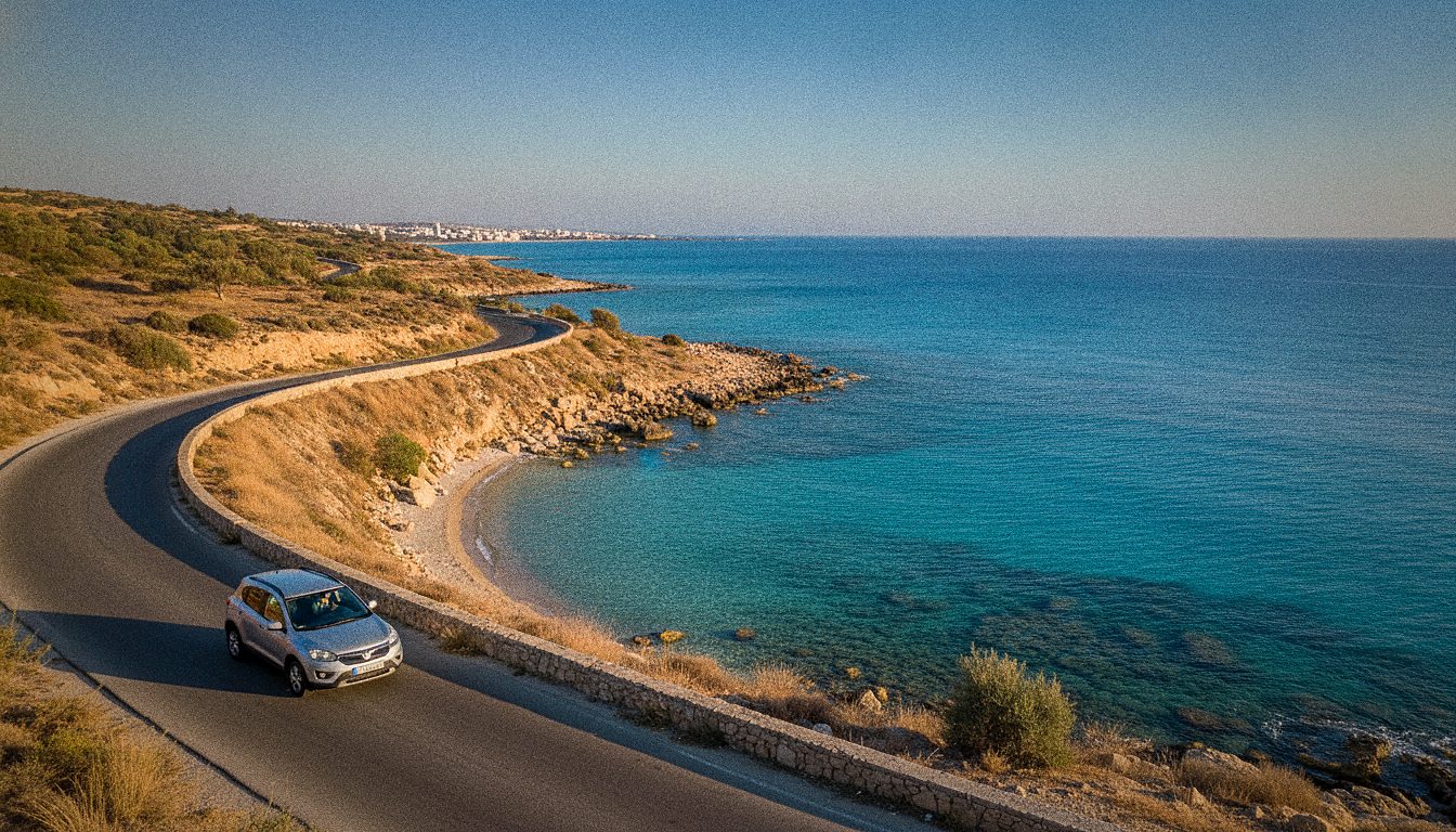 Арендованный автомобиль на прибрежной дороге у моря возле Ларнаки на Кипре